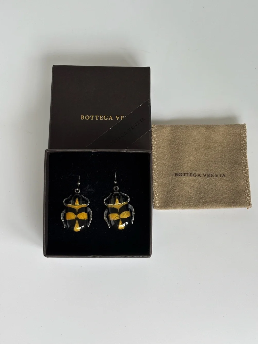Bottega Veneta Black and Yellow Scarab Beetle Drop Silver Earrings - Picture 4 of 4